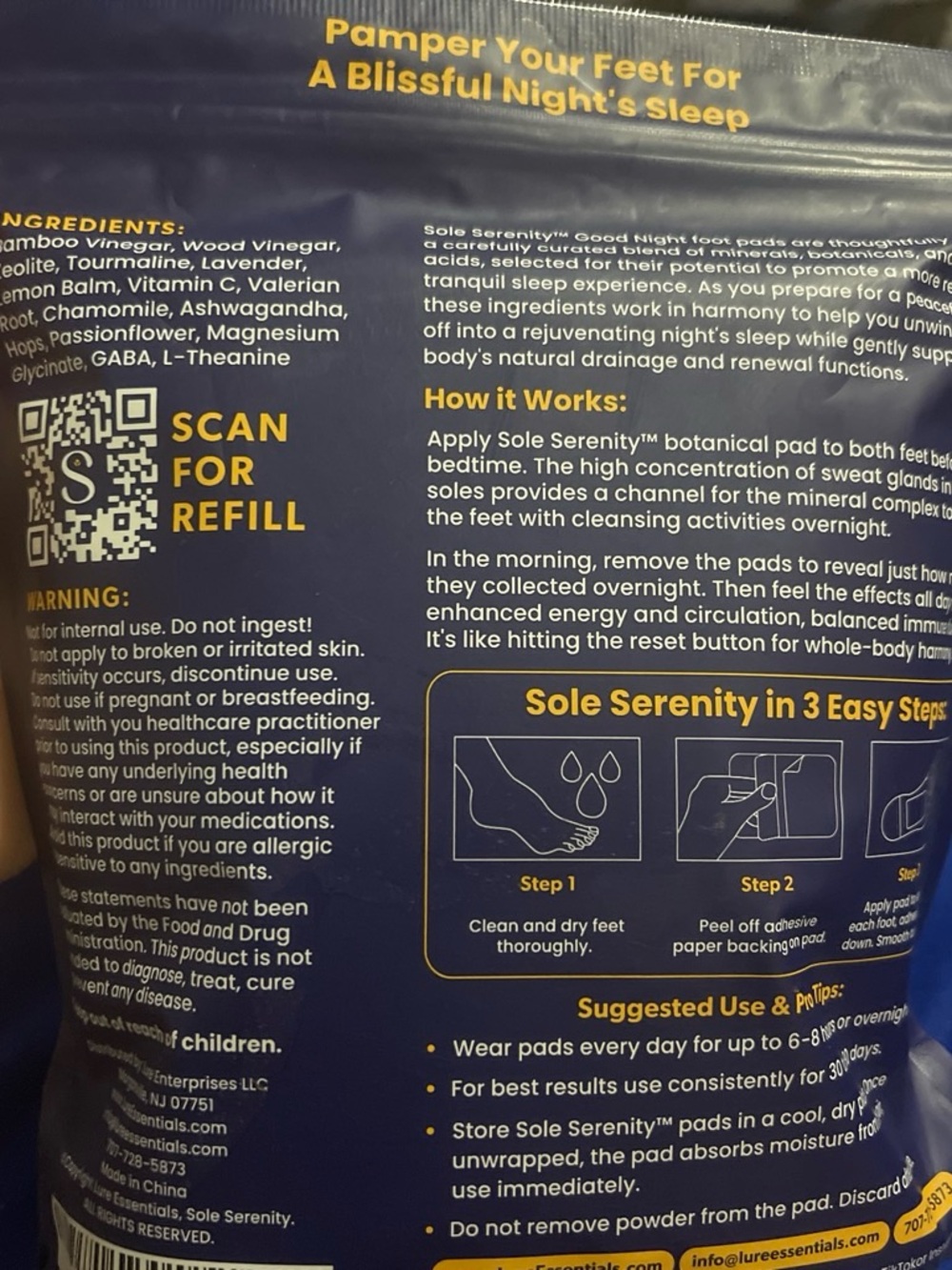 Serenity Kids Botanical Foot Pads - Navy Blue & Yellow Text
